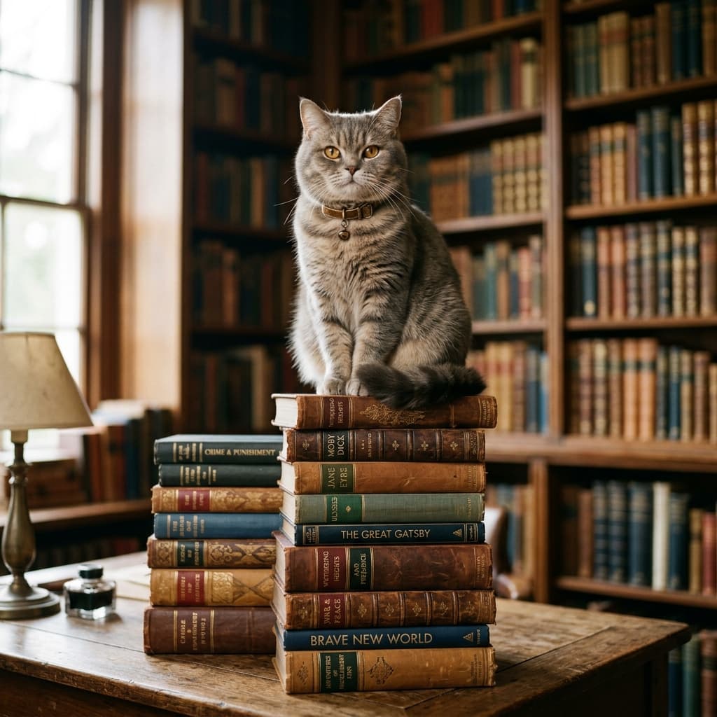 Cat sitting on stack of books