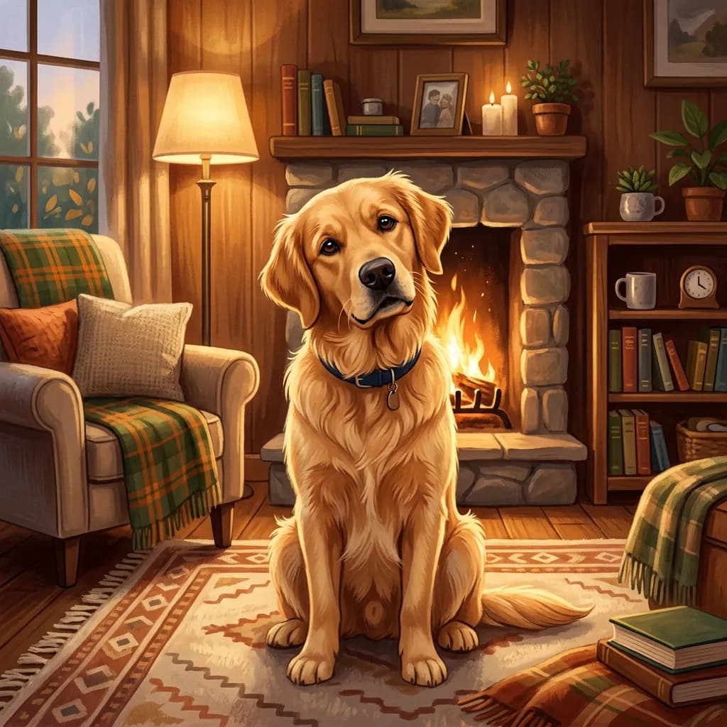 A golden retriever tilting its head