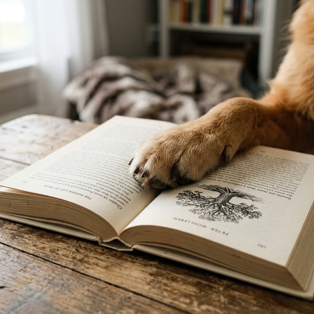 Dog looking at an open book