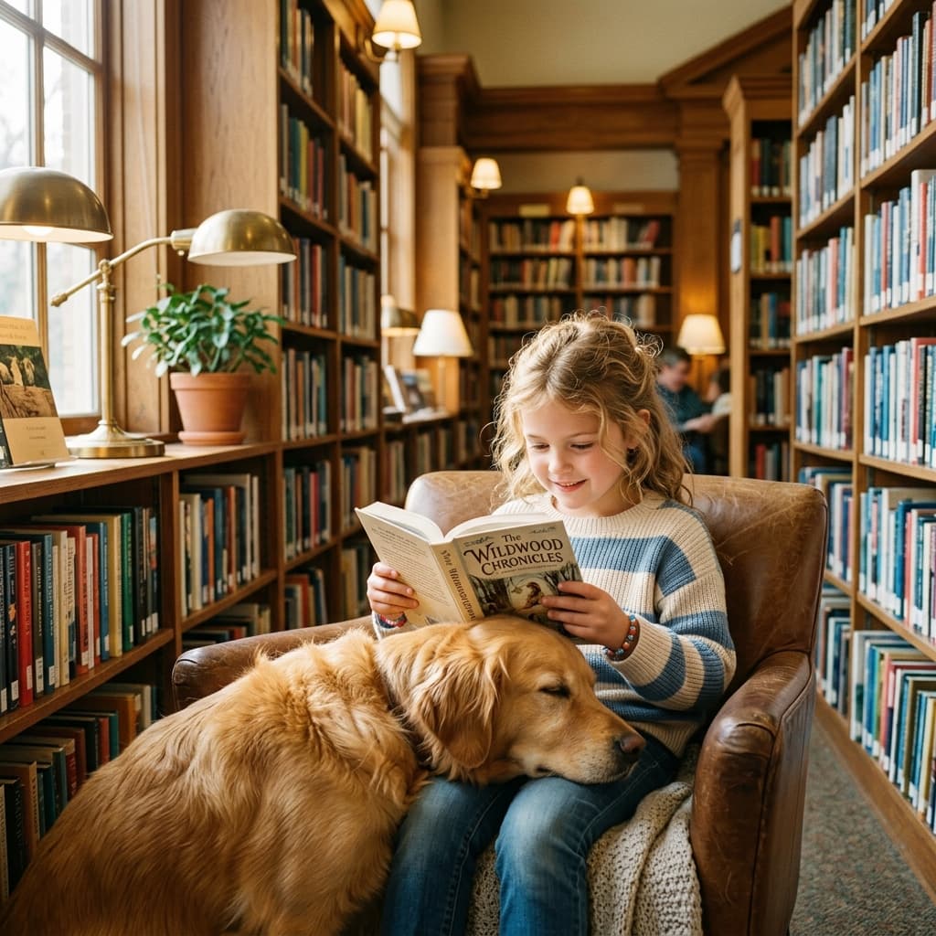 Dog reading book with child