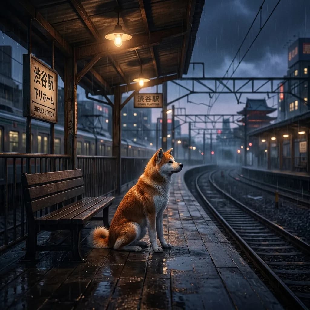 An Akita waiting alone at a train station