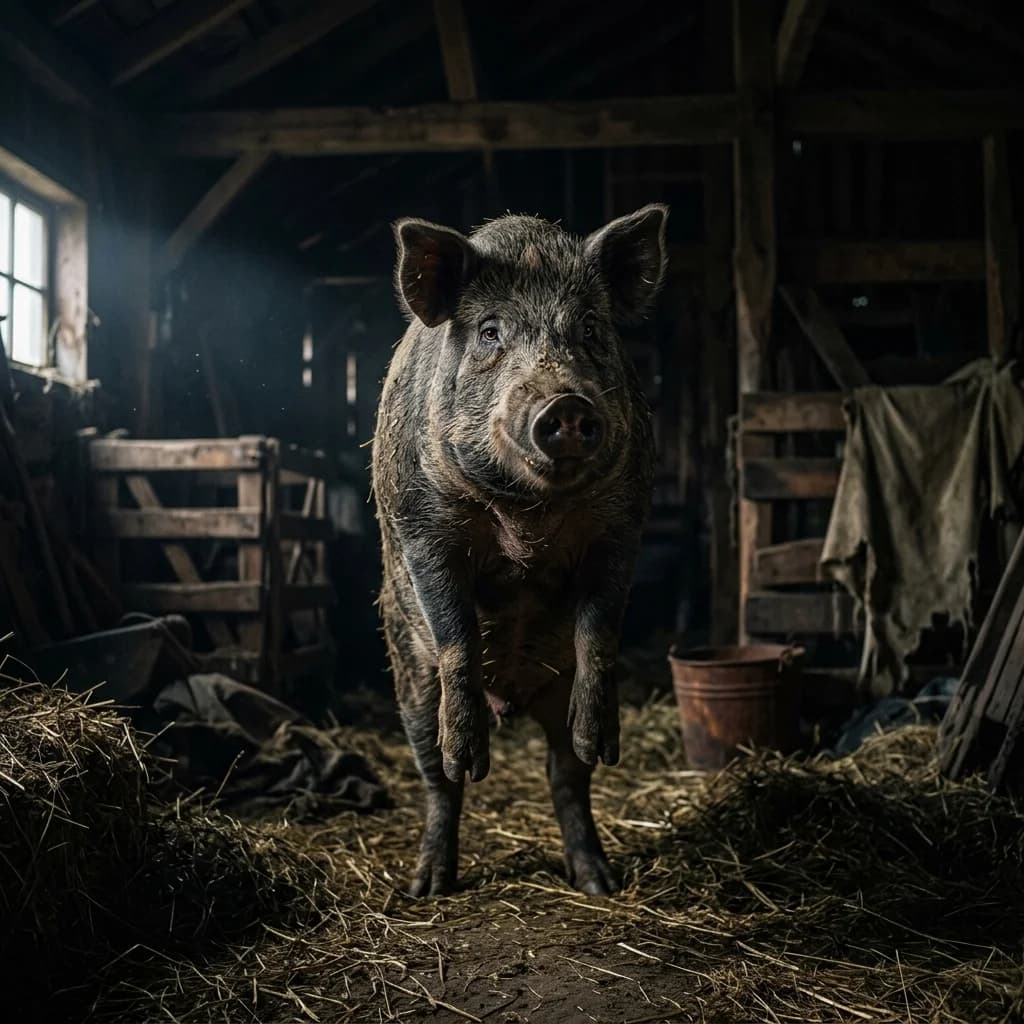 Imposing pig in a dark barn