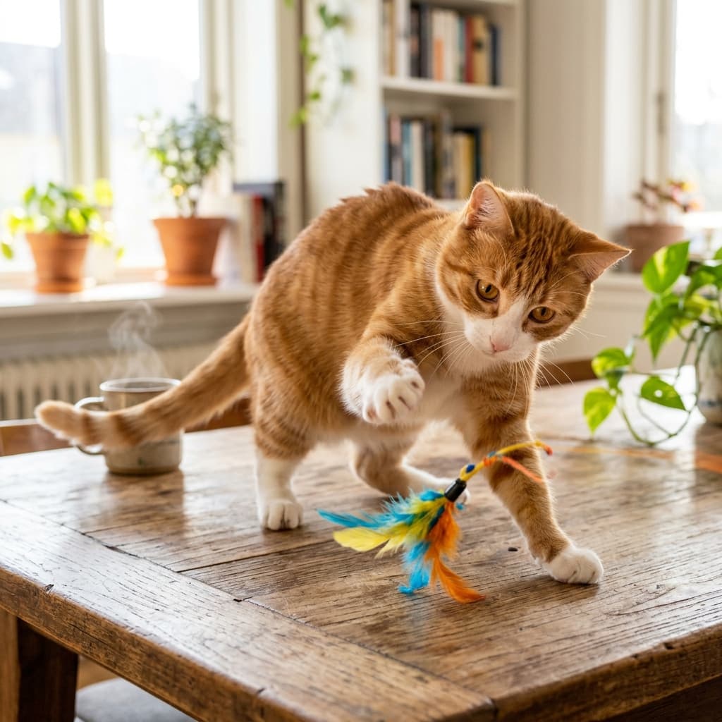 Cat batting object on table