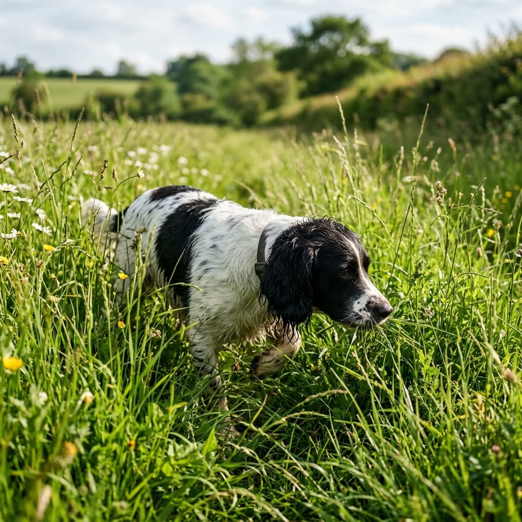 Dog foraging in tall grass