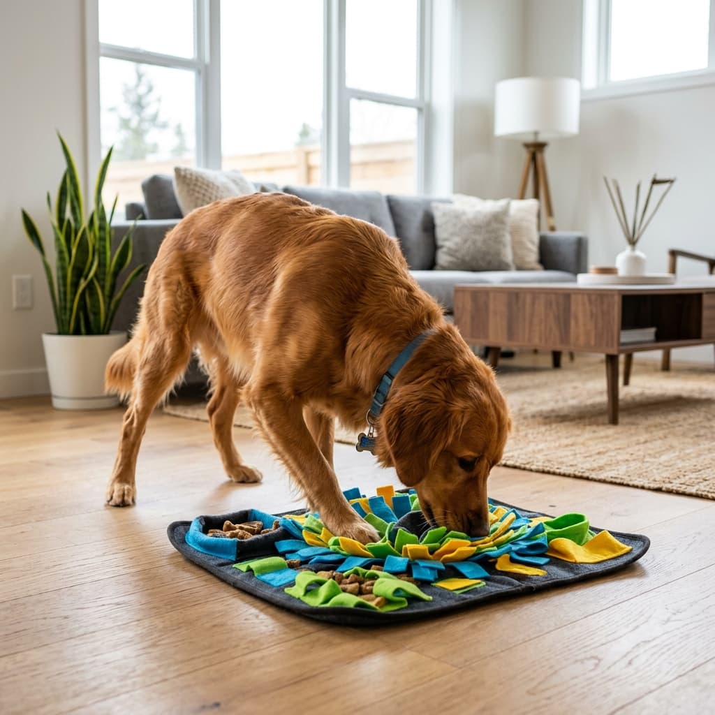 Dog with puzzle feeder