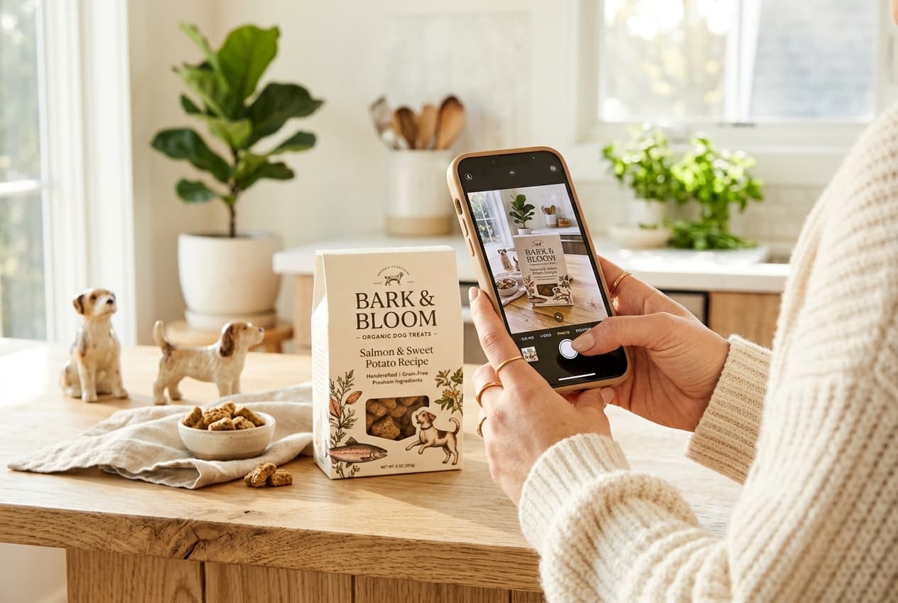 A person photographing a premium organic dog treat package on a kitchen counter for a social media review
