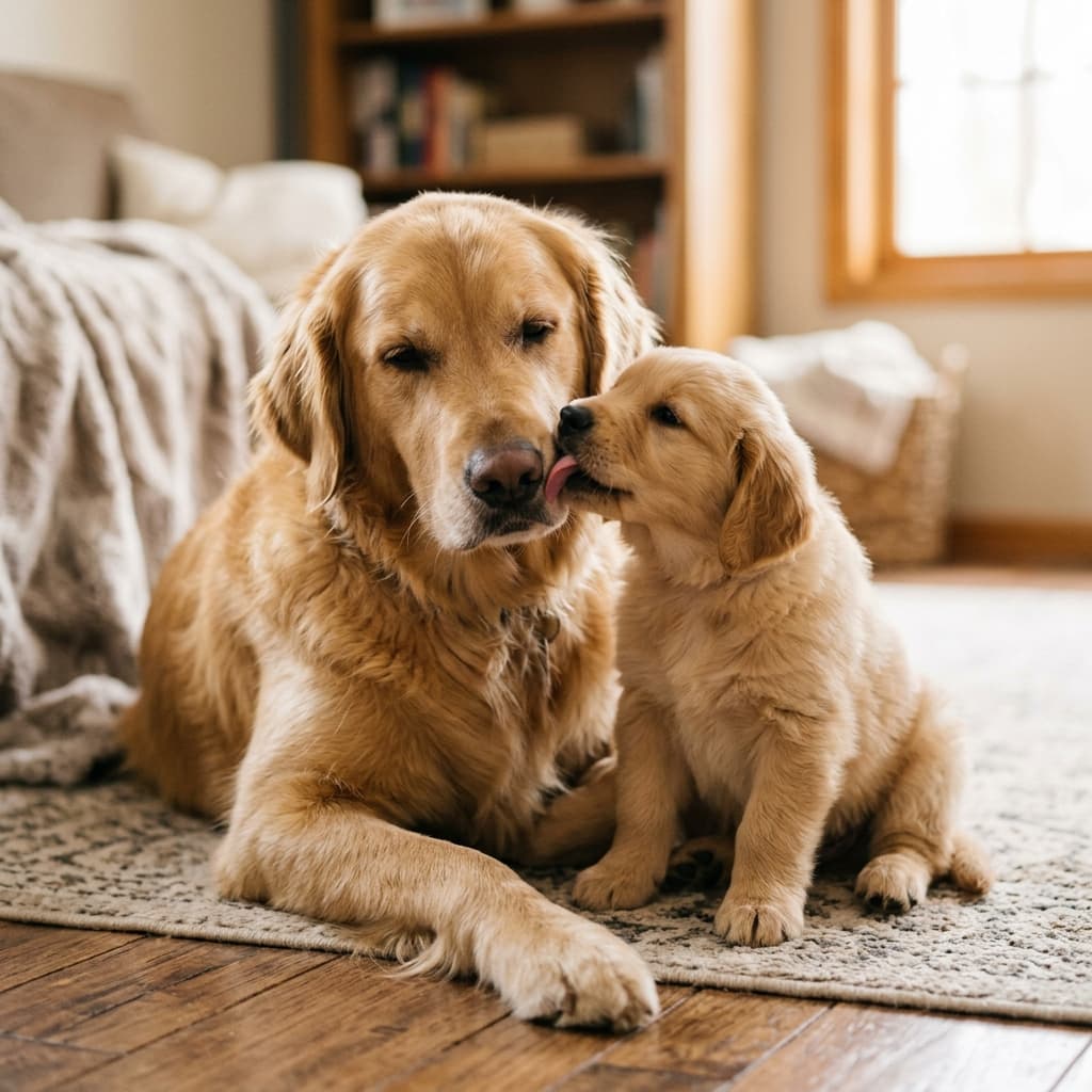 Puppy licking mother