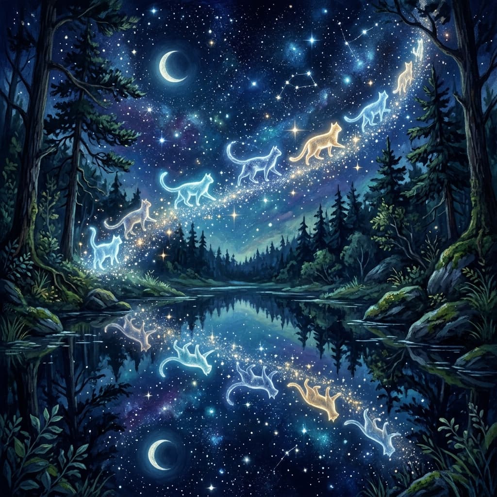 StarClan cats glowing in starry sky