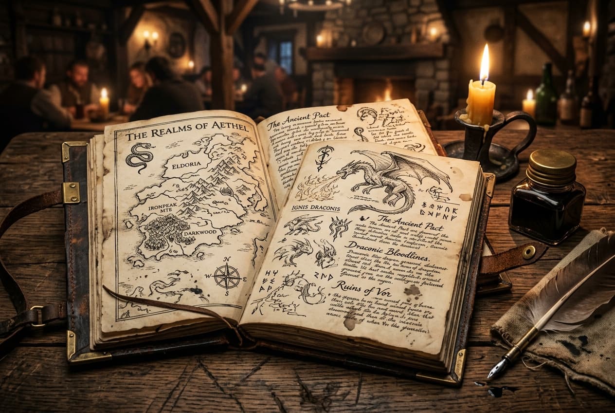 A fantasy writer's leather notebook filled with world-building maps and dragon sketches, lit by candlelight