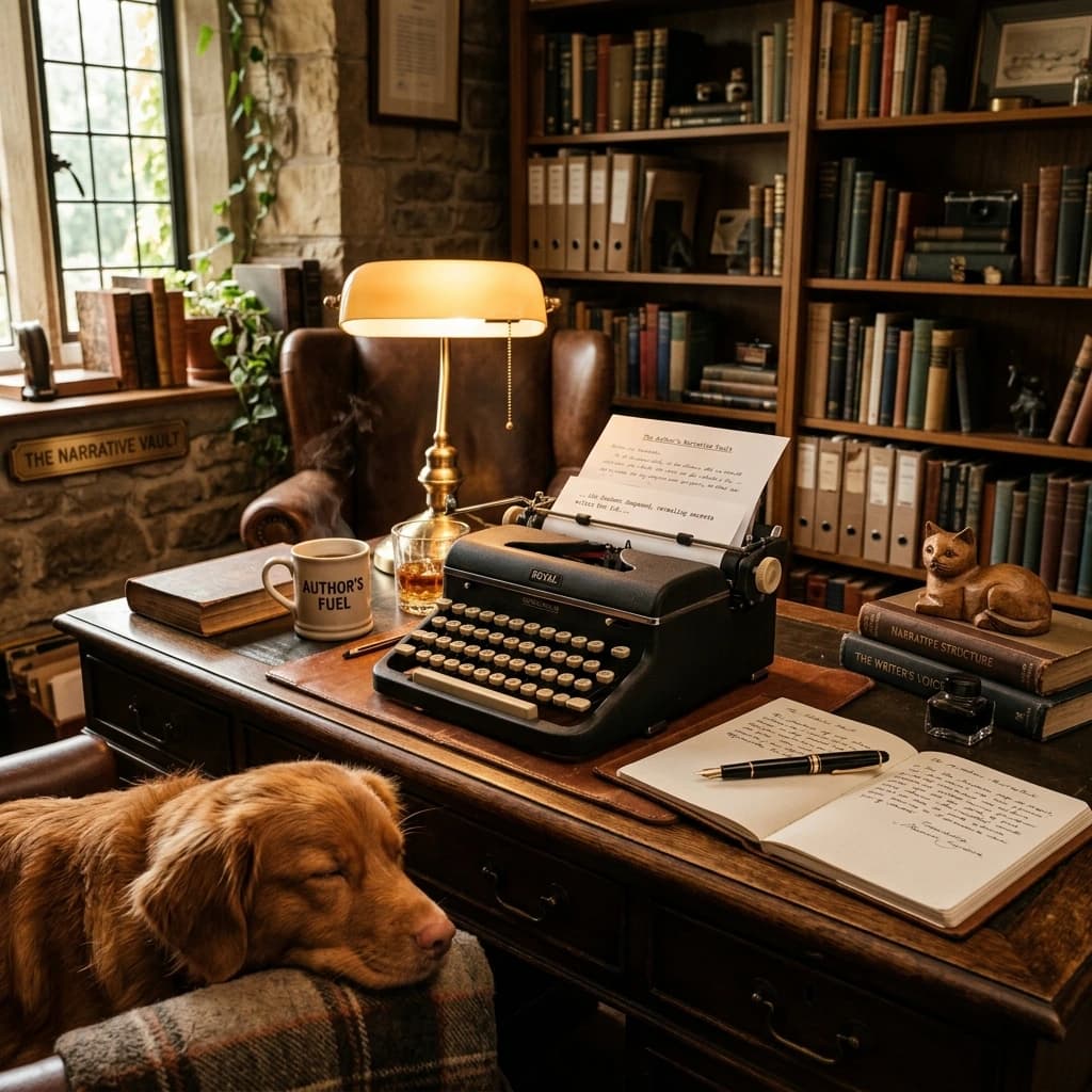 Author writing at desk with cat resting beside notebook
