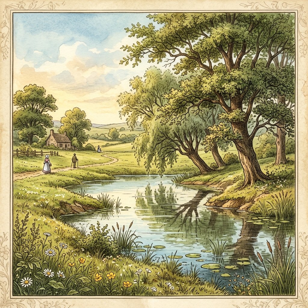 A large pleasant meadow with a pond of clear water
