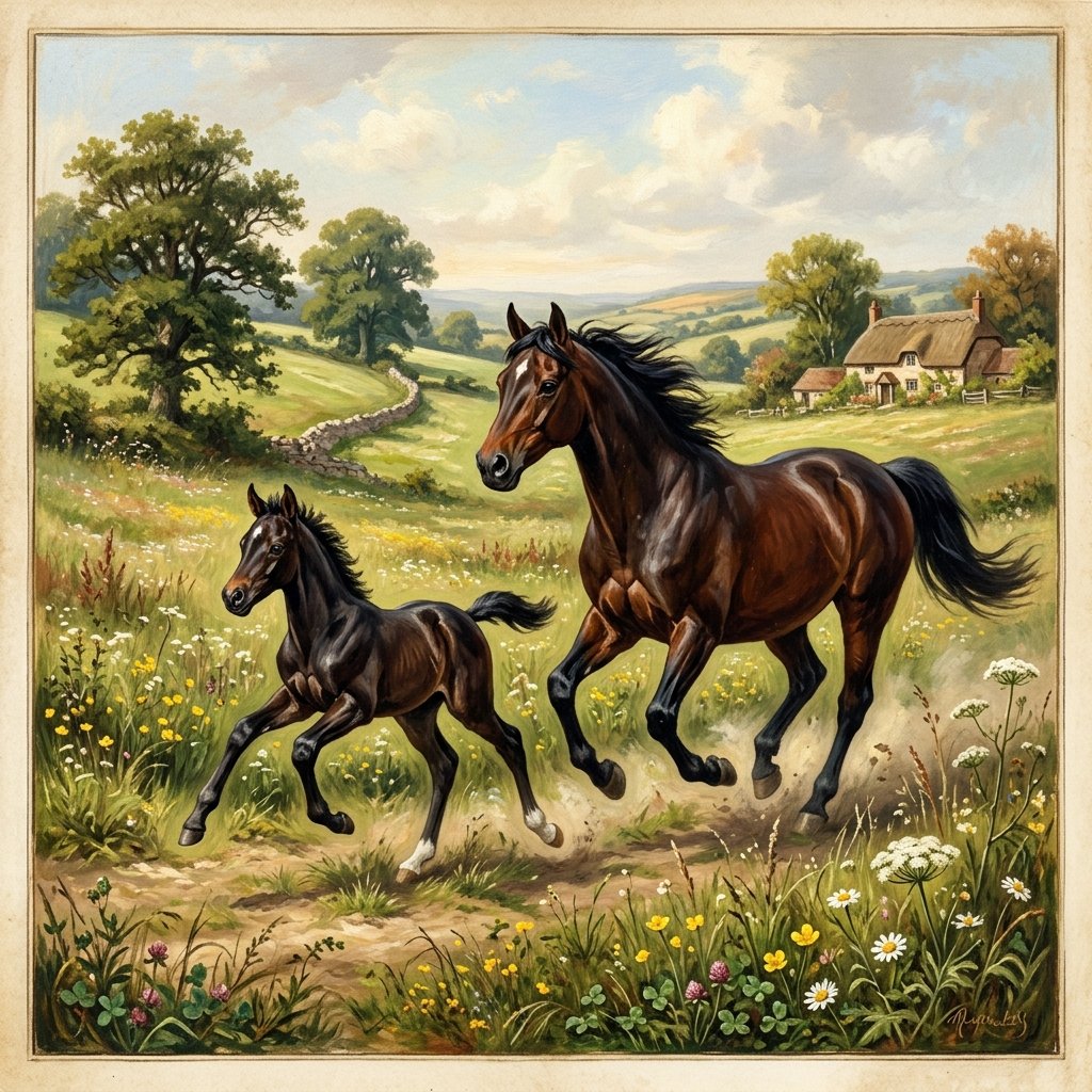 A young colt galloping playfully alongside its mother