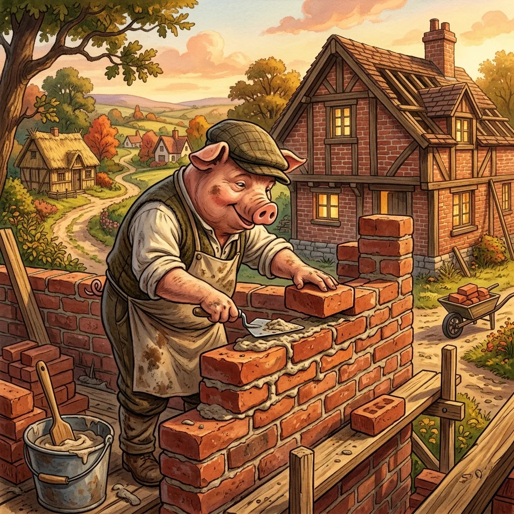 The wise third little pig working hard to build a solid brick house