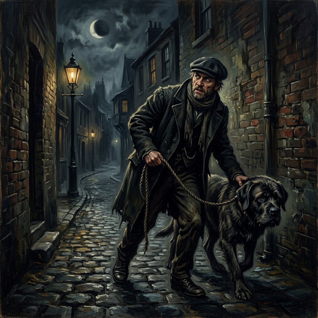 A large dog being secretly led away on a rope at night