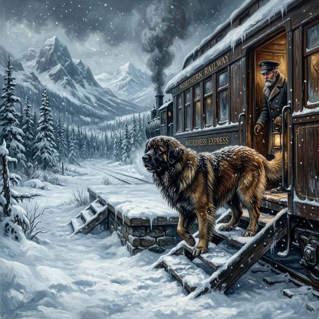 A large dog stepping off a train into the freezing, snowy wilderness