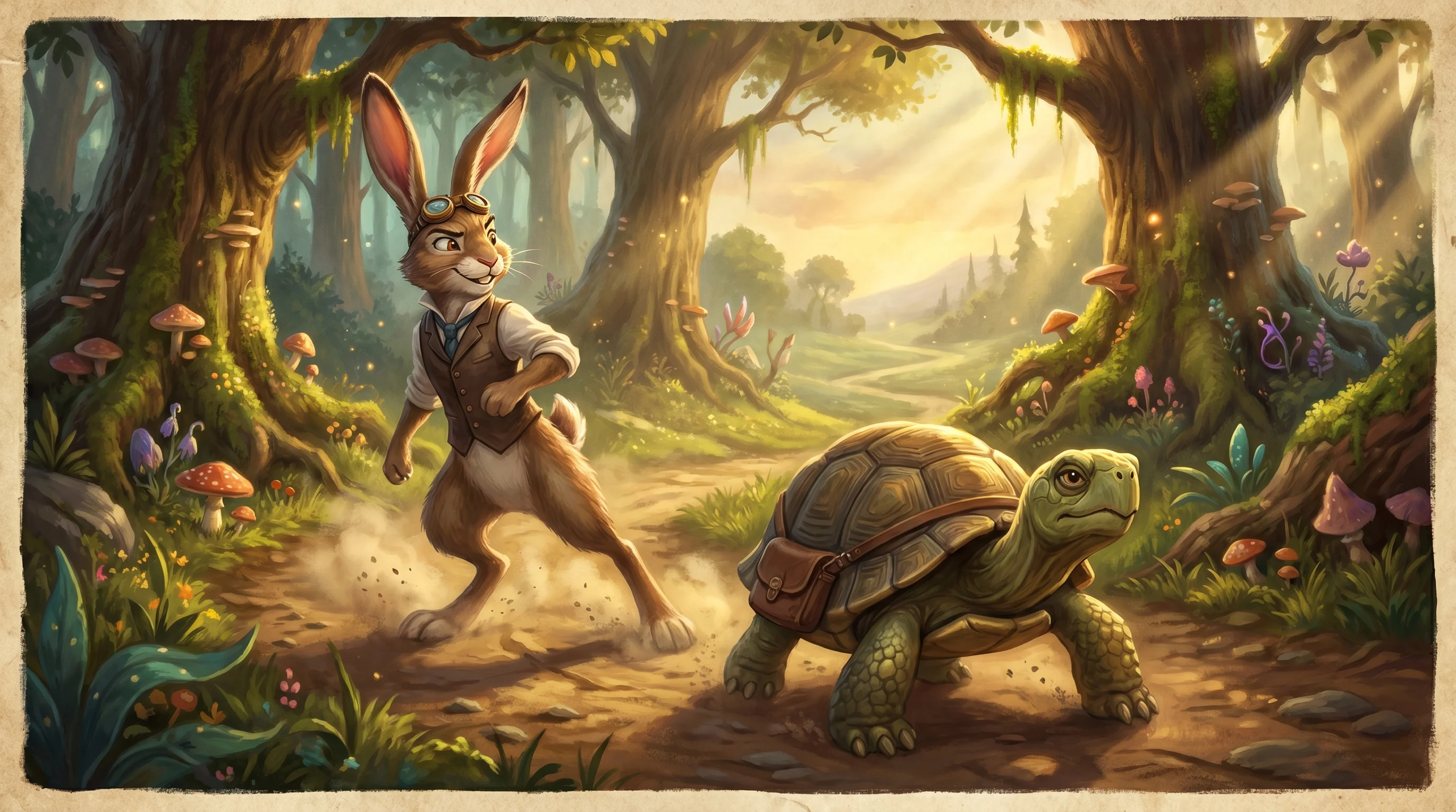 An arrogant hare laughing at a determined tortoise at a starting line