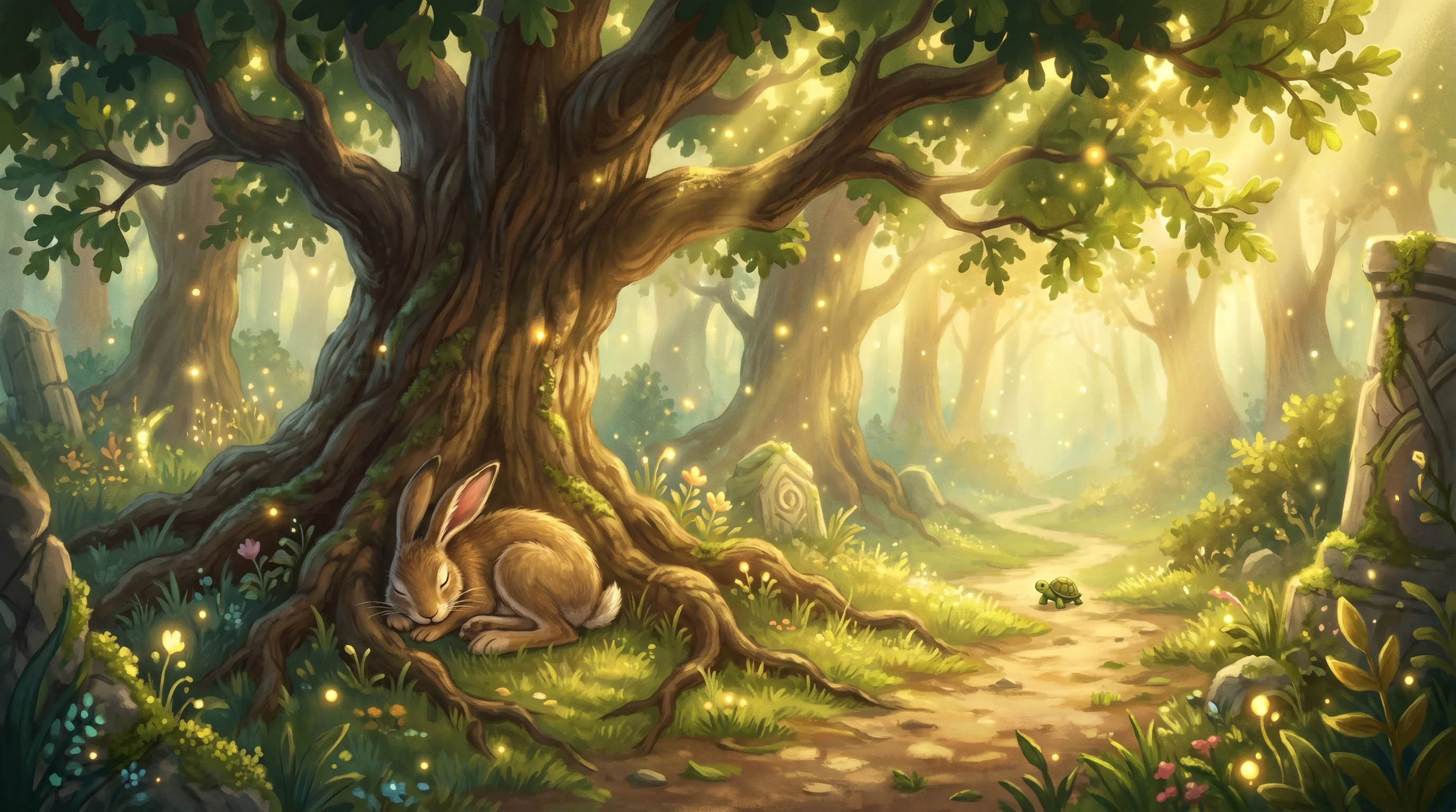 The hare fast asleep under an oak tree while the tortoise marches in the distance
