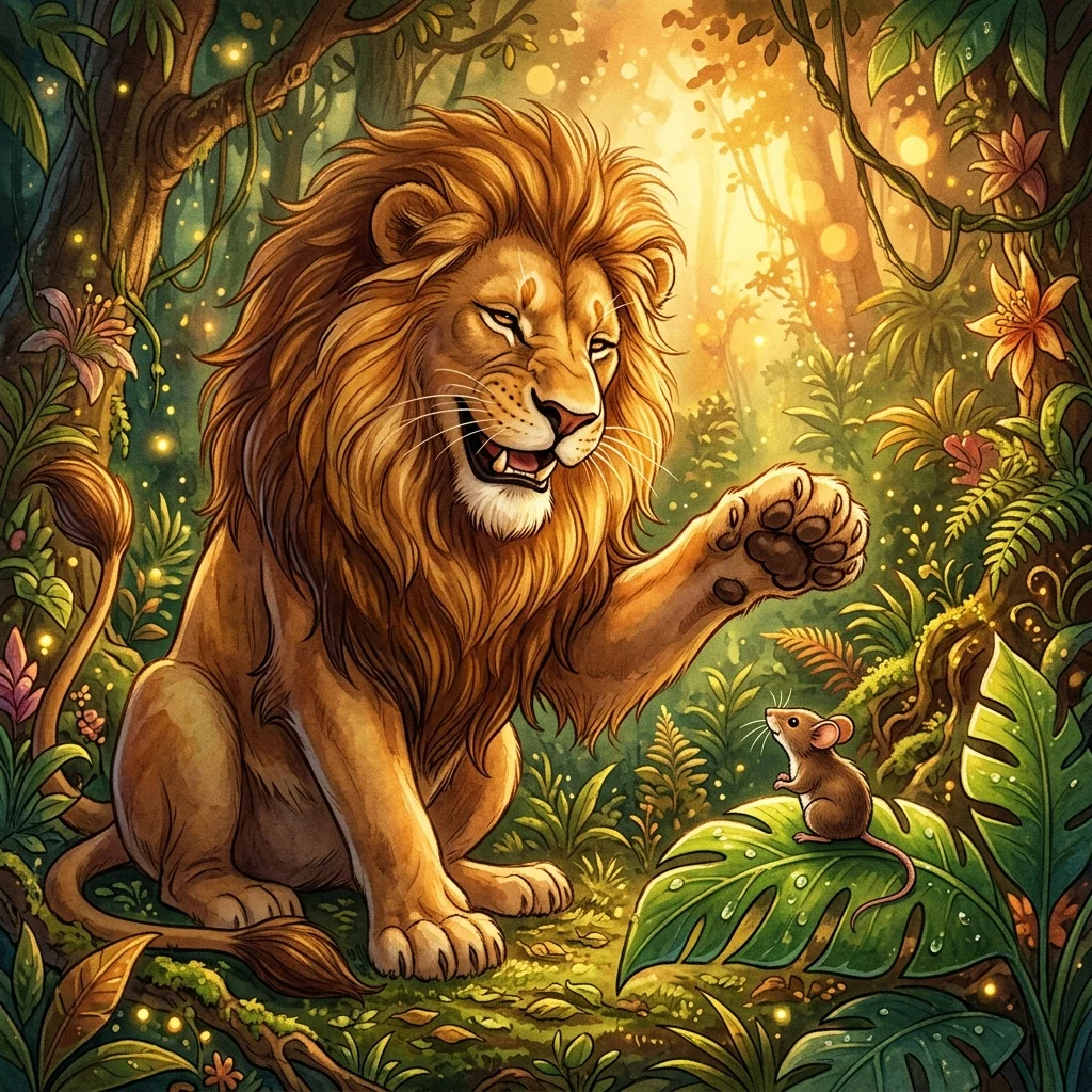 The lion laughing heartily at the tiny mouse