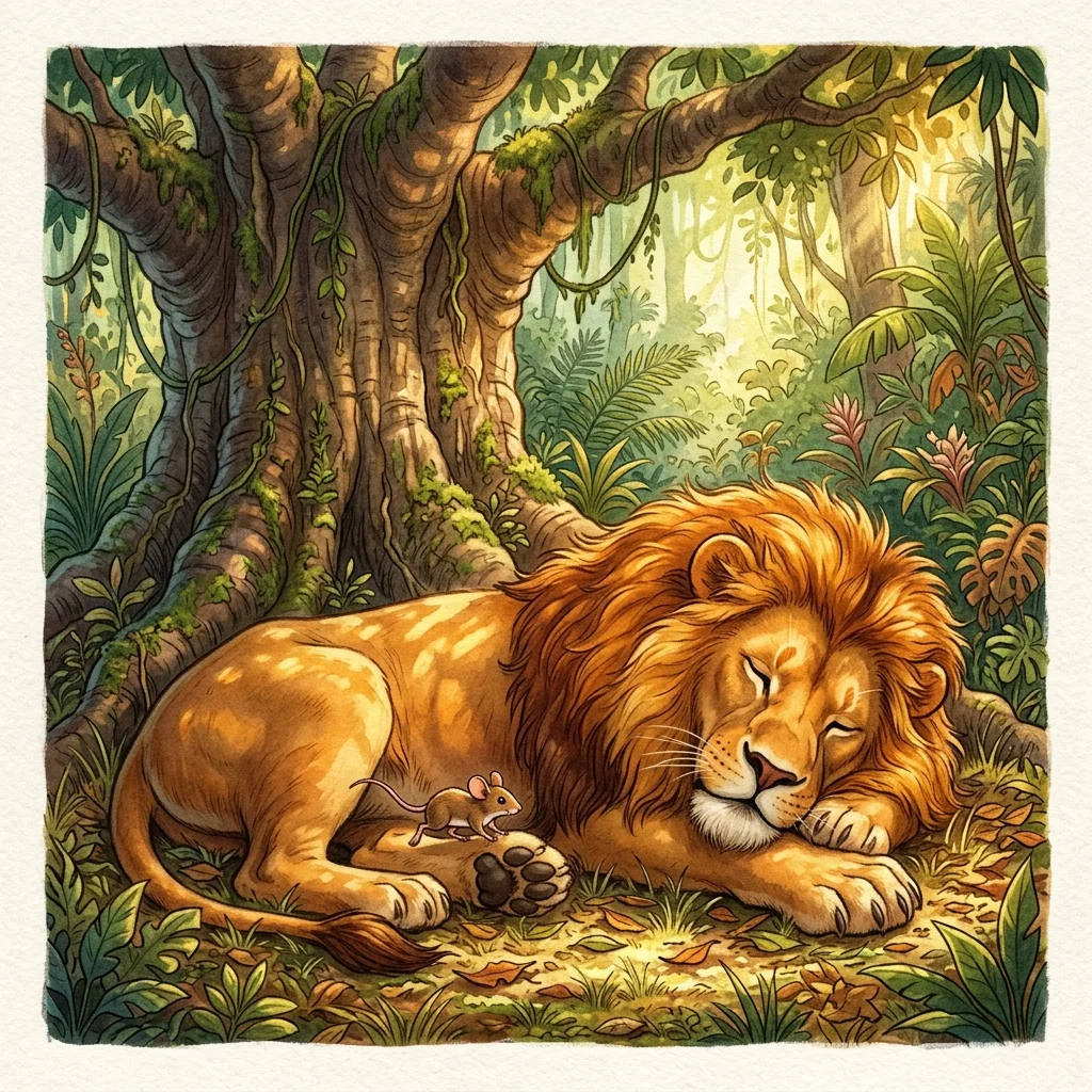 A majestic lion sleeping peacefully in the shade while a tiny mouse scurries across his paw