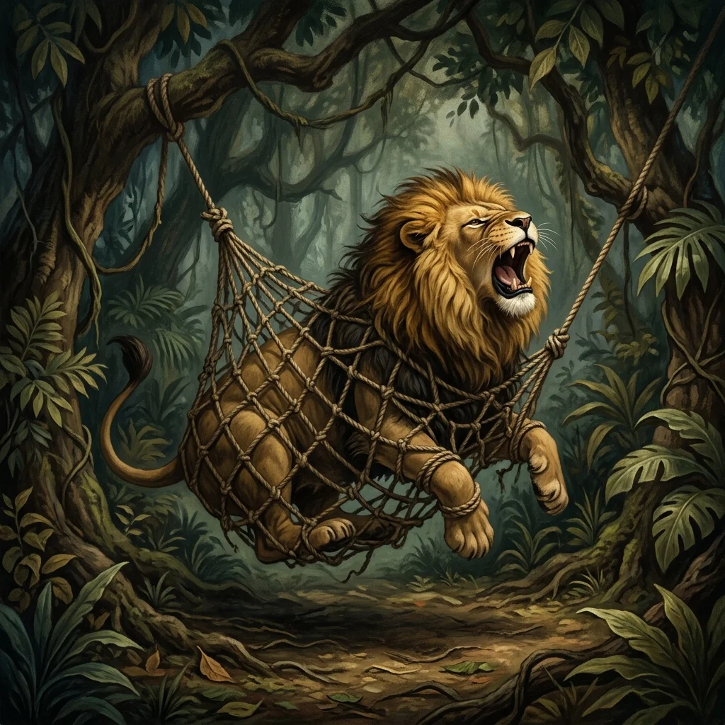 The mighty lion hopelessly tangled in a heavy rope net