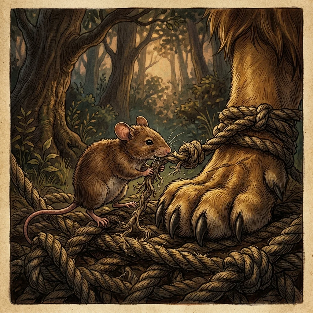 The tiny mouse gnawing through the thick ropes of the hunter's trap