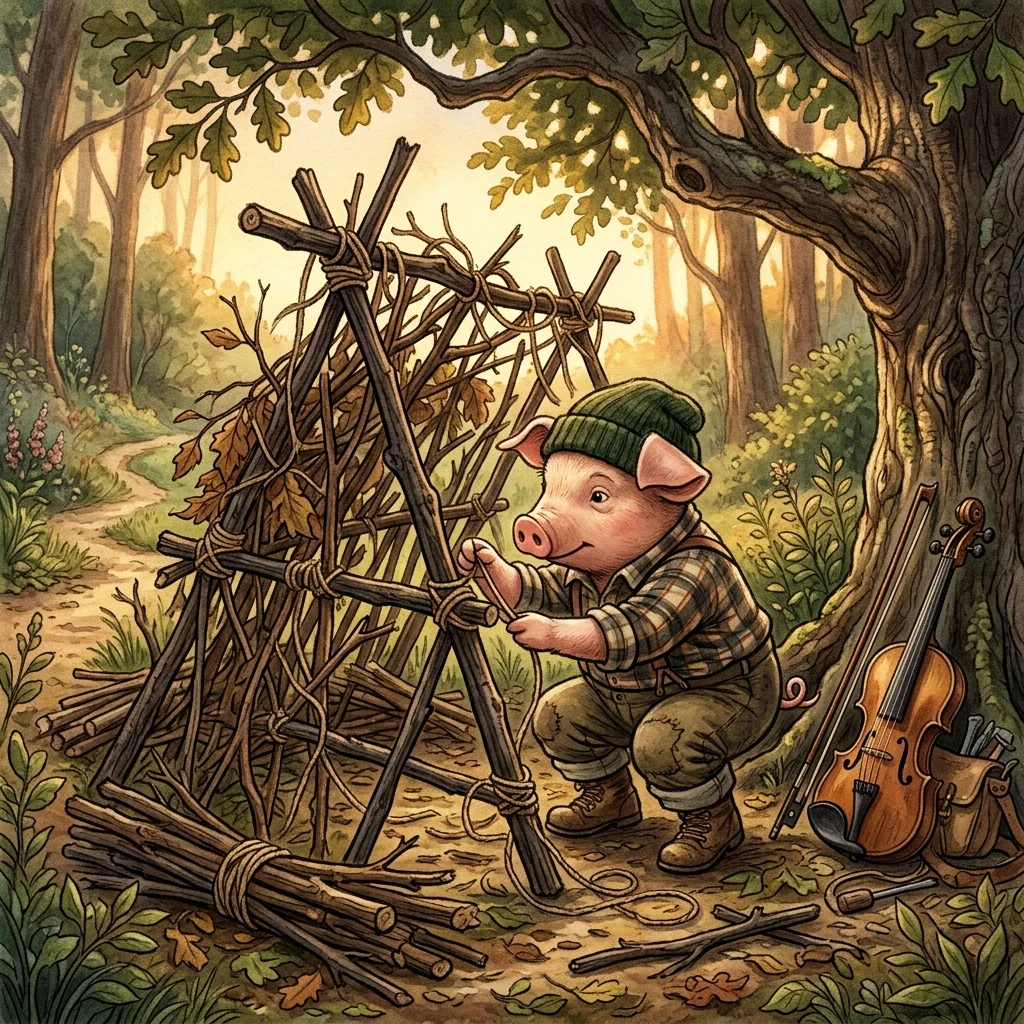The second little pig building a rickety house of sticks