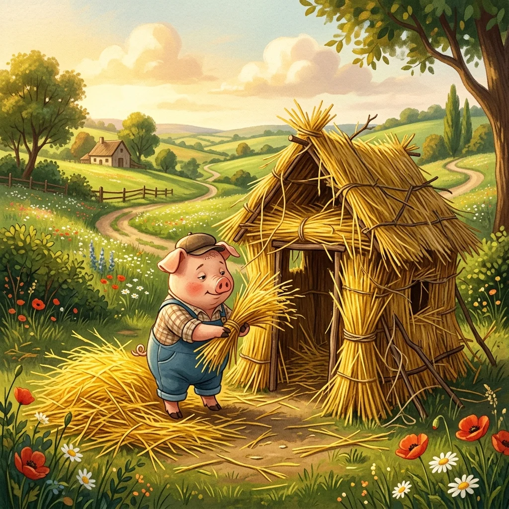 The first little pig lazily building a house of straw