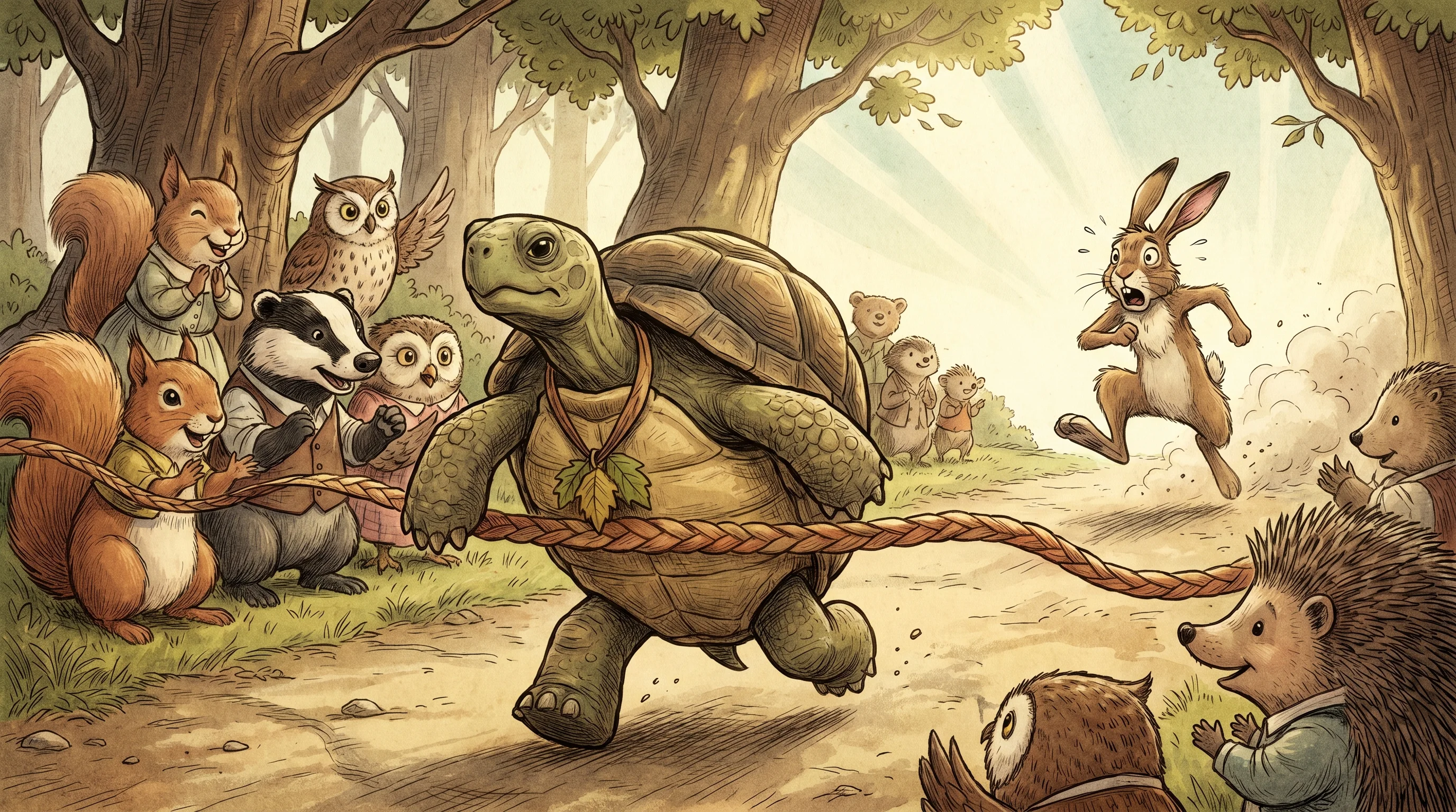 The tortoise proudly crossing the finish line as the panicked hare sprints in the background