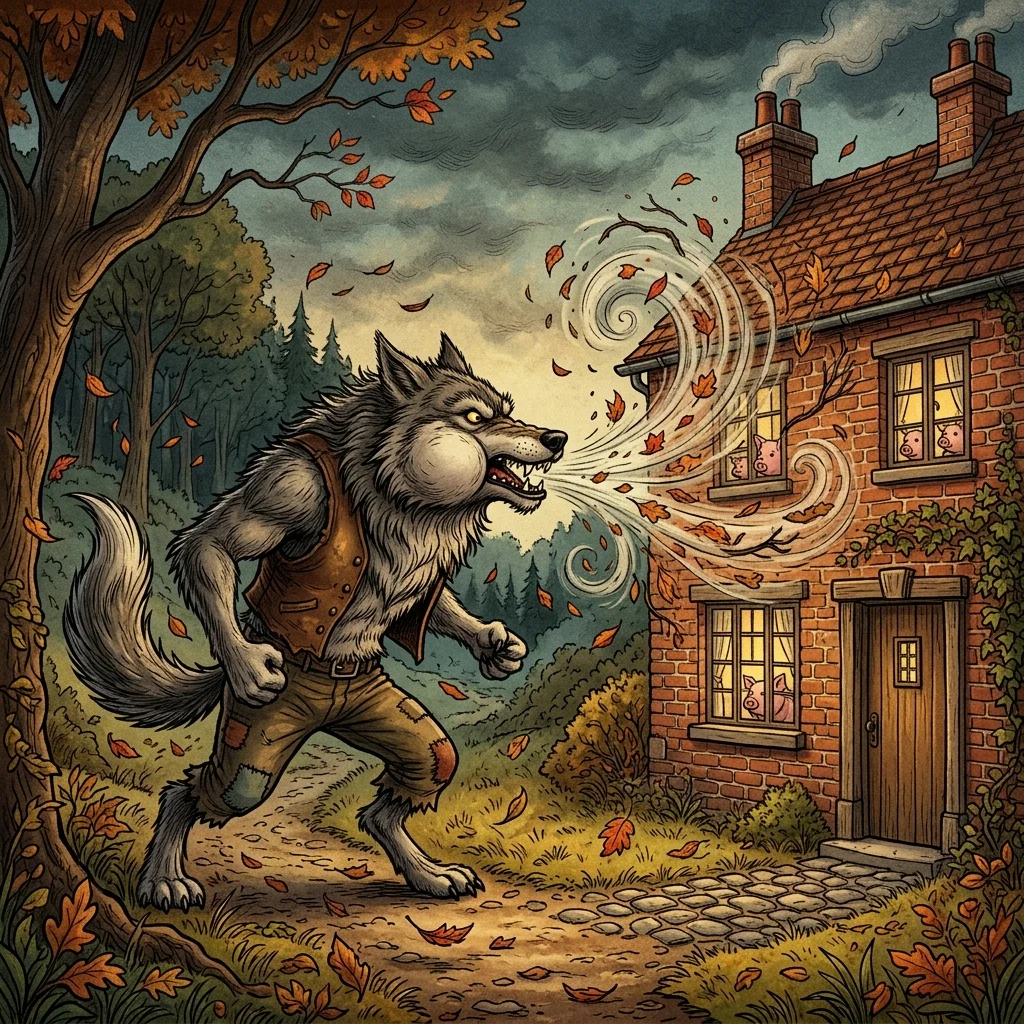 The big bad wolf huffing and puffing at the brick house
